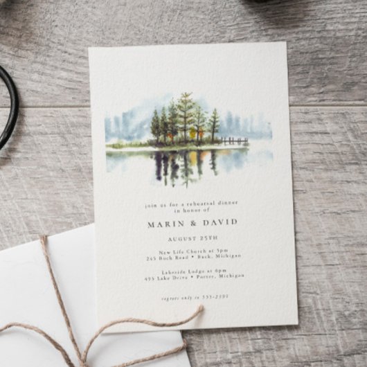 水の色ウッドランド素朴レイクリハーサルディナー 招待状