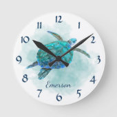 水の色ウミガメ海ビーチ名 ラウンド壁時計 (正面)