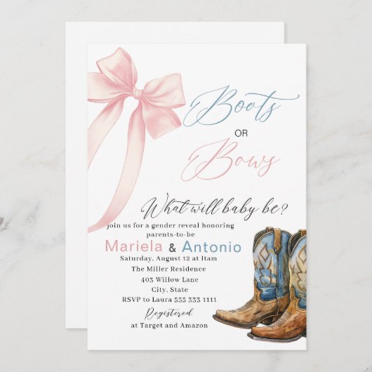 水の色エレガントのブーツまたは弓ベビーシャワー 招待状 (正面/裏面)