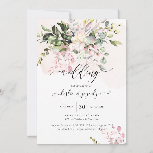 水の色エレガントほこりっぽい赤面ピンクユーカリ 招待状 (正面)