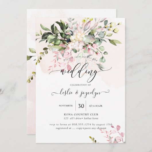 水の色エレガントほこりっぽい赤面ピンクユーカリ 招待状 (正面/裏面)