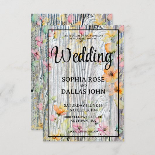 水の色エレガントオレンジ色の野生の花の素朴な結婚式 招待状 (正面/裏面)