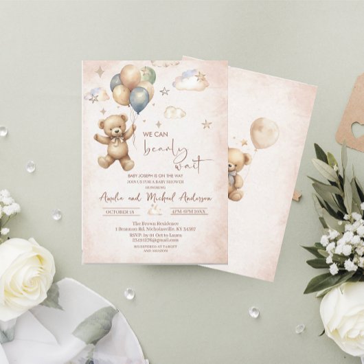 水の色エレガントクマのテディ赤ちゃんシャワー 招待状