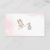 水の色エレガントコウノトリ女の子ピンクの赤ちゃんシャワーブー エンクロージャーカード (裏面)