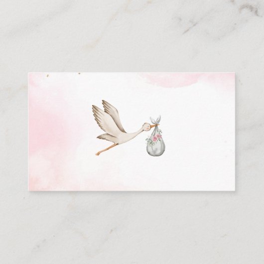 水の色エレガントコウノトリ女の子ピンクの赤ちゃんシャワーブー エンクロージャーカード (裏面)