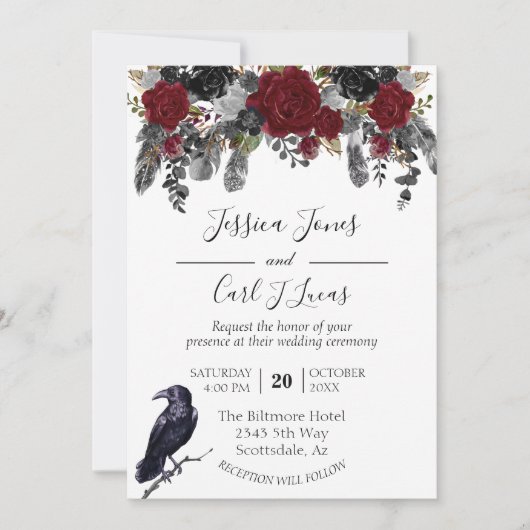 水の色エレガントハロウィーンフローラクロウフェザーI 招待状 (正面)