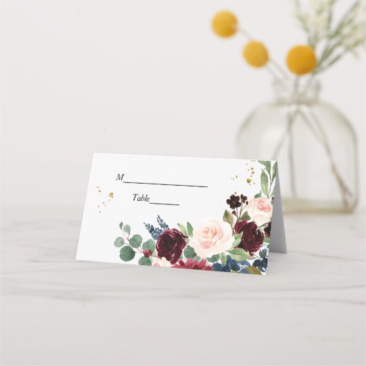 水の色エレガントバーガンディ赤面&金ゴールドドロップ プレイスカード (正面)