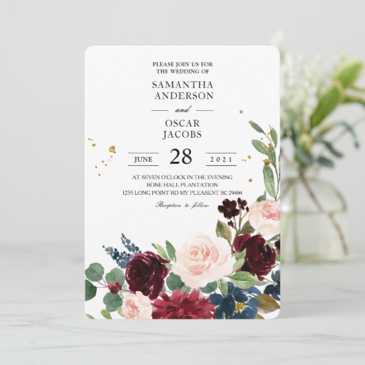 水の色エレガントバーガンディ赤面&金ゴールドドロップ 招待状 (スタンド正面)