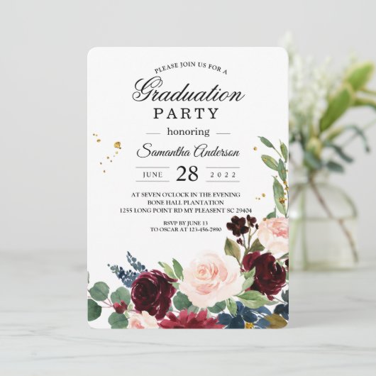 水の色エレガントバーガンディ赤面&金ゴールドドロップ 招待状 (スタンド正面)