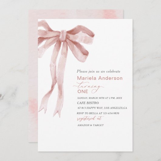 水の色エレガントピンクの弓ガール赤ちゃんシャワーInvi 招待状 (正面/裏面)