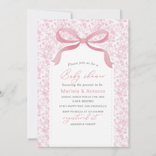 水の色エレガントピンクの弓ガール赤ちゃんシャワーInvi 招待状 (正面)