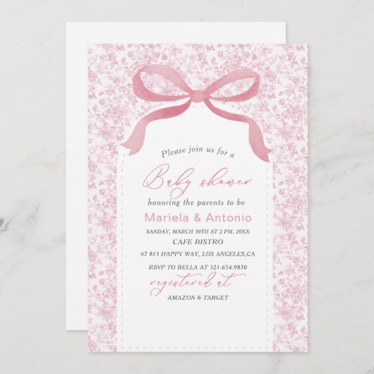水の色エレガントピンクの弓ガール赤ちゃんシャワーInvi 招待状 (正面/裏面)