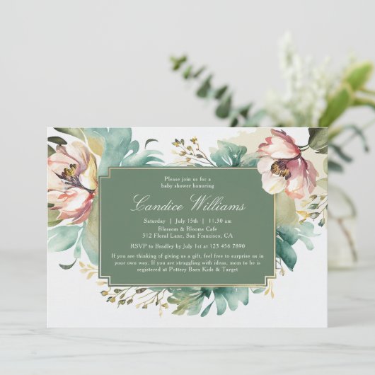 水の色エレガントフローラカップル赤ちゃんシャワー 招待状 (スタンド正面)