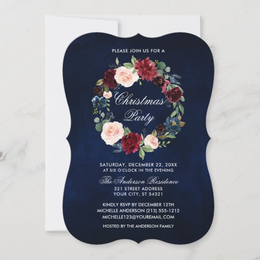 水の色エレガントフローラクリスマスパーティーブラケット 招待状 (正面)