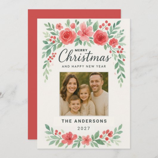 水の色エレガントフローラクリスマスフォトカード シーズンカード (正面/裏面)