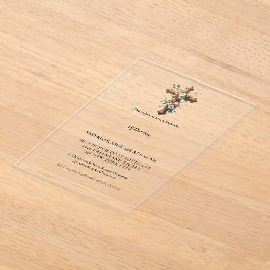 水の色エレガントフローラクロスバプテスマ アクリル招待状 (レイダウン)