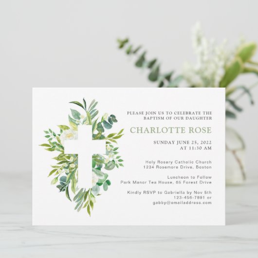 水の色エレガントフローラクロスバプテスマ 招待状 (スタンド正面)