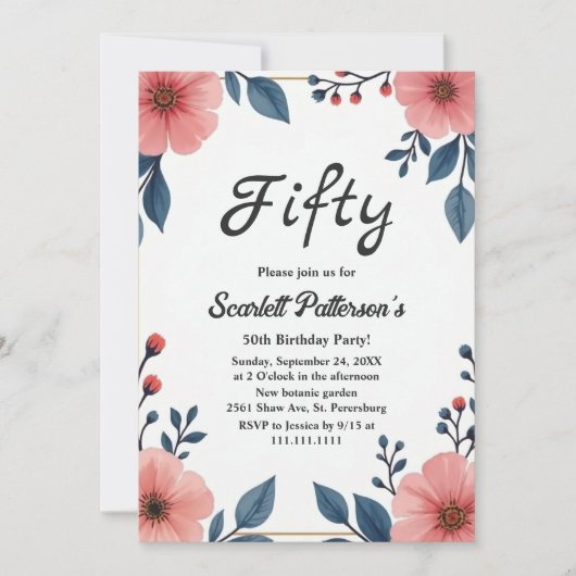 水の色エレガントフローラサマーシック誕生日 招待状 (正面)