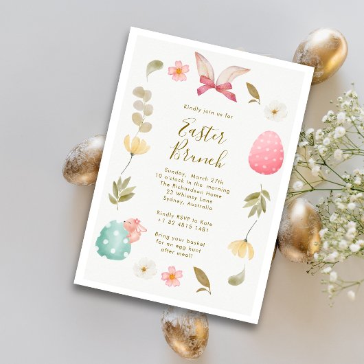水の色エレガントフローラバニー卵イースターブランチ 招待状