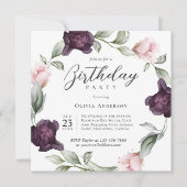 水の色エレガントフローラバラ誕生日パーティー 招待状 (正面)