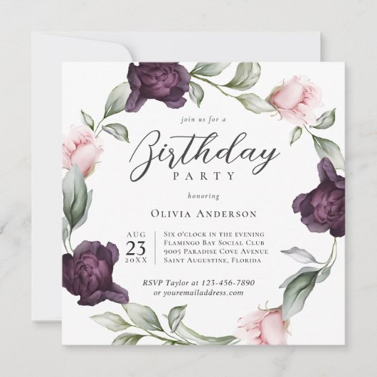水の色エレガントフローラバラ誕生日パーティー 招待状 (正面)