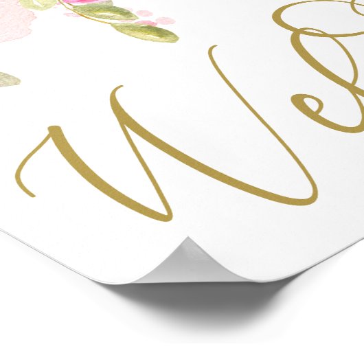 水の色エレガントフローラピンクの金ゴールドウェルカムサイン ポスター (角)