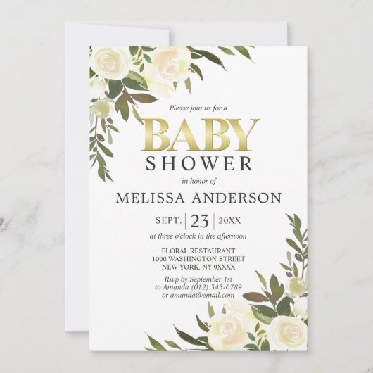 水の色エレガントフローラピンクアイボリーベビーシャワー 招待状 (正面)