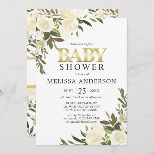 水の色エレガントフローラピンクアイボリーベビーシャワー 招待状 (正面/裏面)