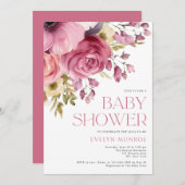 水の色エレガントフローラピンク赤ちゃんシャワー 招待状 (正面/裏面)