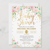 水の色エレガントフローラピンク&金ゴールドベビーシャワー 招待状 (正面)