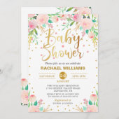 水の色エレガントフローラピンク&金ゴールドベビーシャワー 招待状 (正面/裏面)