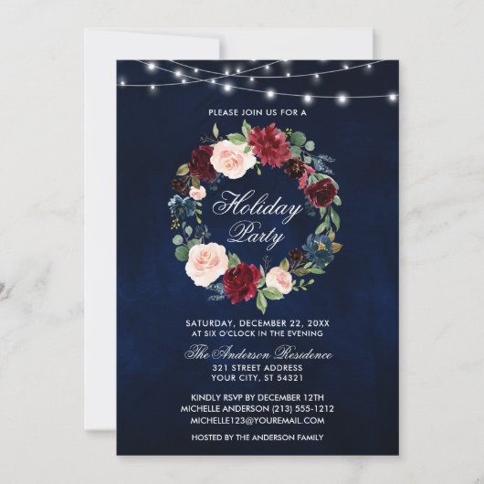 水の色エレガントフローラホリデーパーティライト 招待状 (正面)