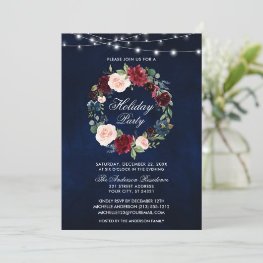 水の色エレガントフローラホリデーパーティライト 招待状 (スタンド正面)