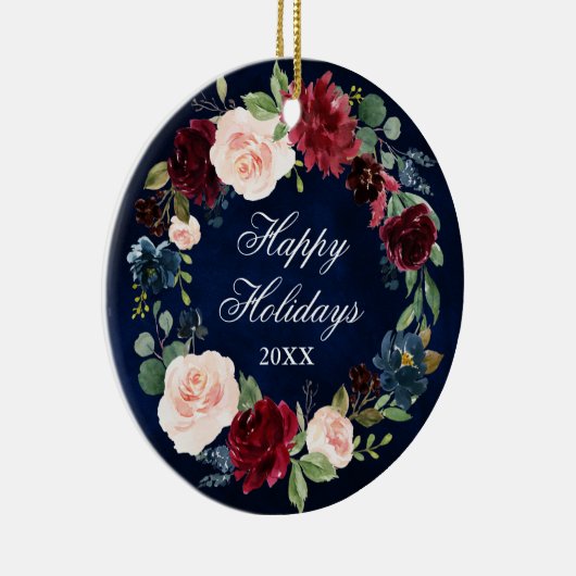 水の色エレガントフローラリースハッピーホリデー セラミックオーナメント (右)