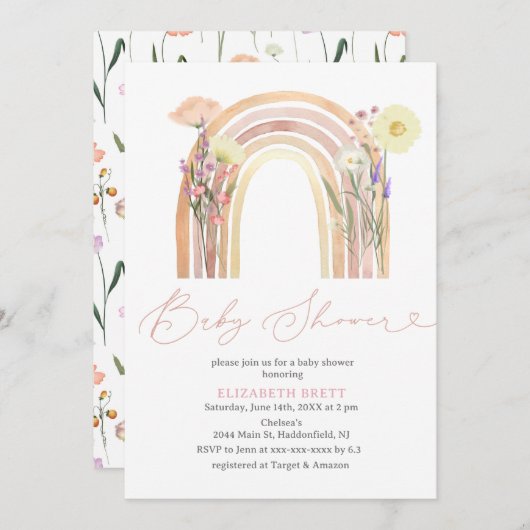 水の色エレガントフローラレインボーベビーシャワー 招待状 (正面/裏面)