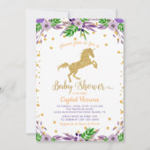 水の色エレガントフローラ金ゴールドユニコーン赤ちゃんシャワー 招待状 (正面)