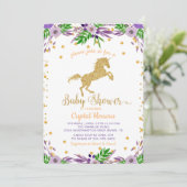 水の色エレガントフローラ金ゴールドユニコーン赤ちゃんシャワー 招待状 (スタンド正面)