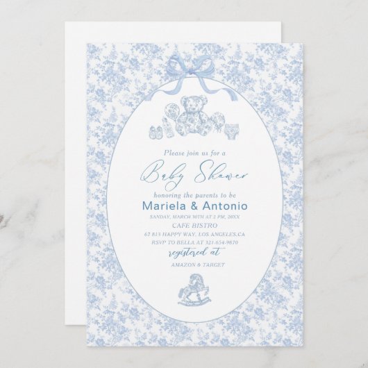 水の色エレガントブルーボウおもちゃボーイベビーシャワー 招待状 (正面/裏面)