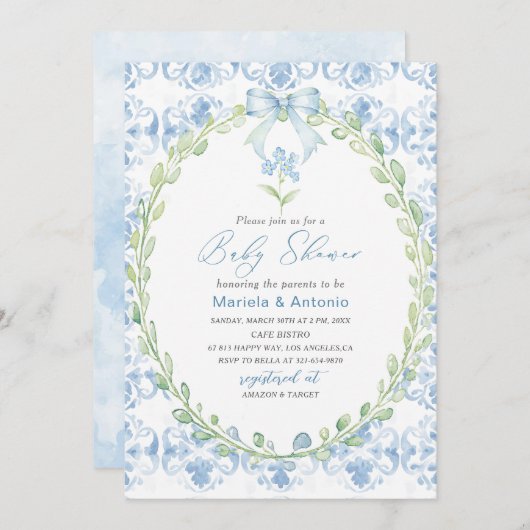水の色エレガントブルーボウボーイボーイベビーシャワー 招待状 (正面/裏面)