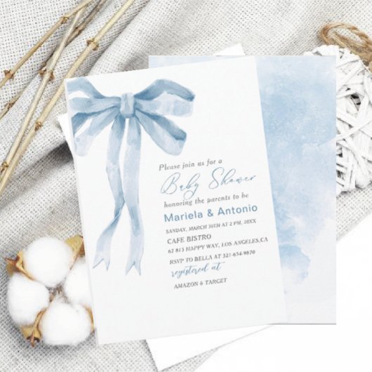 水の色エレガントブルーボウボーイボーイベビーシャワー 招待状