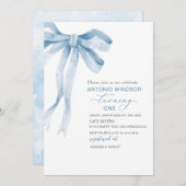 水の色エレガントブルーボウボーイボーイベビーシャワー 招待状 (正面/裏面)