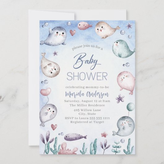水の色エレガントベビーシールベビーシャワー 招待状 (正面)