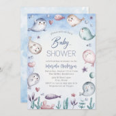水の色エレガントベビーシールベビーシャワー 招待状 (正面/裏面)
