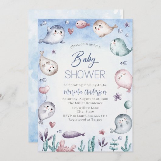 水の色エレガントベビーシールベビーシャワー 招待状 (正面/裏面)