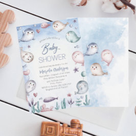 水の色エレガントベビーシールベビーシャワー 招待状