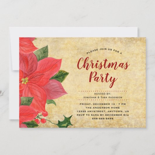 水の色エレガントポインセチアのクリスマスパーティー 招待状 (正面)