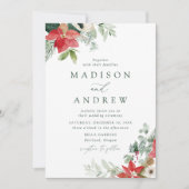 水の色エレガントポインセティアス冬の結婚式 招待状 (正面)