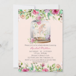 水の色エレガントユニコーンシックフローラベビーシャワー 招待状