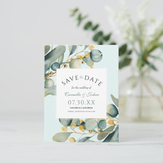 水の色エレガントユーカリプトゥスボホ日付を保存 ポストカード (スタンド正面)