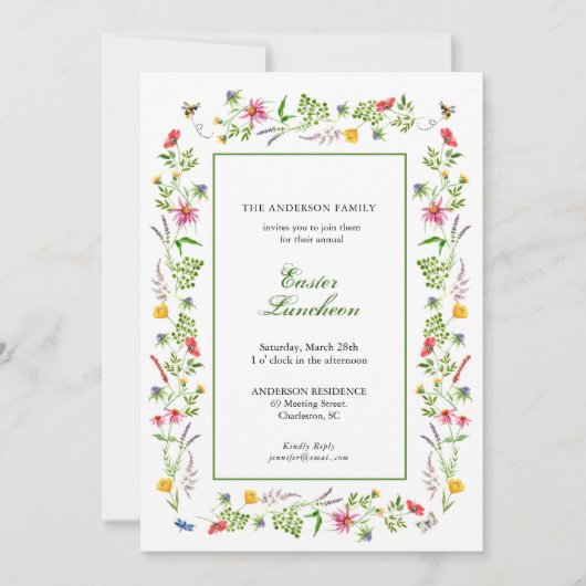 水の色エレガントワイルドフラワーイースターブランチAnnoun 案内状 (正面)
